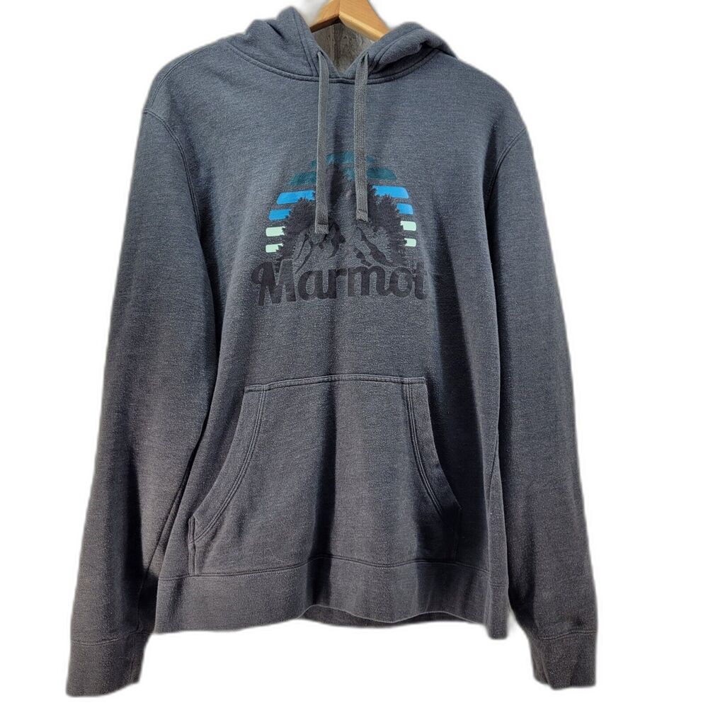 Marmot Hoodie Gray Pullover Jumper Logo Mountain Outdoor Sweatshirt Mens Medium